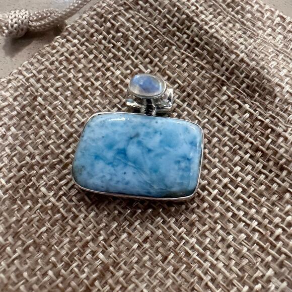925 Sterling Silver Larimar & Moonstone Pendant-Genuine Dominican Larimar - Picture 1 of 9